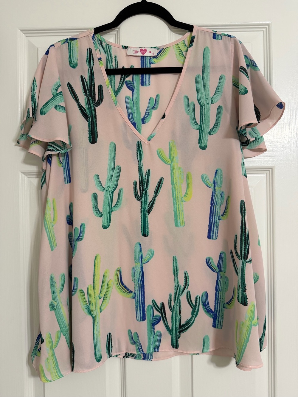Buddy Love Pink Cactus Print V-Neck Flutter Sleeve Blouse